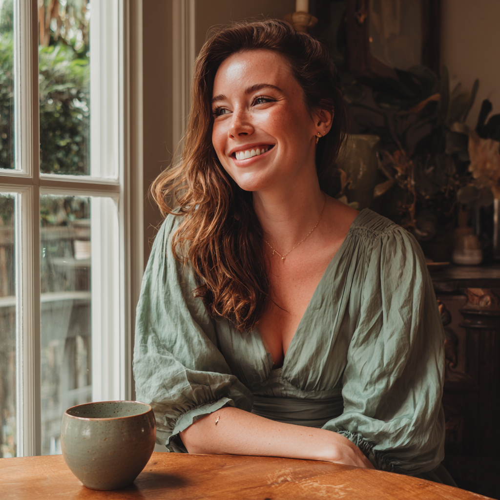 Une femme souriante assise à une table | Source : Midjourney