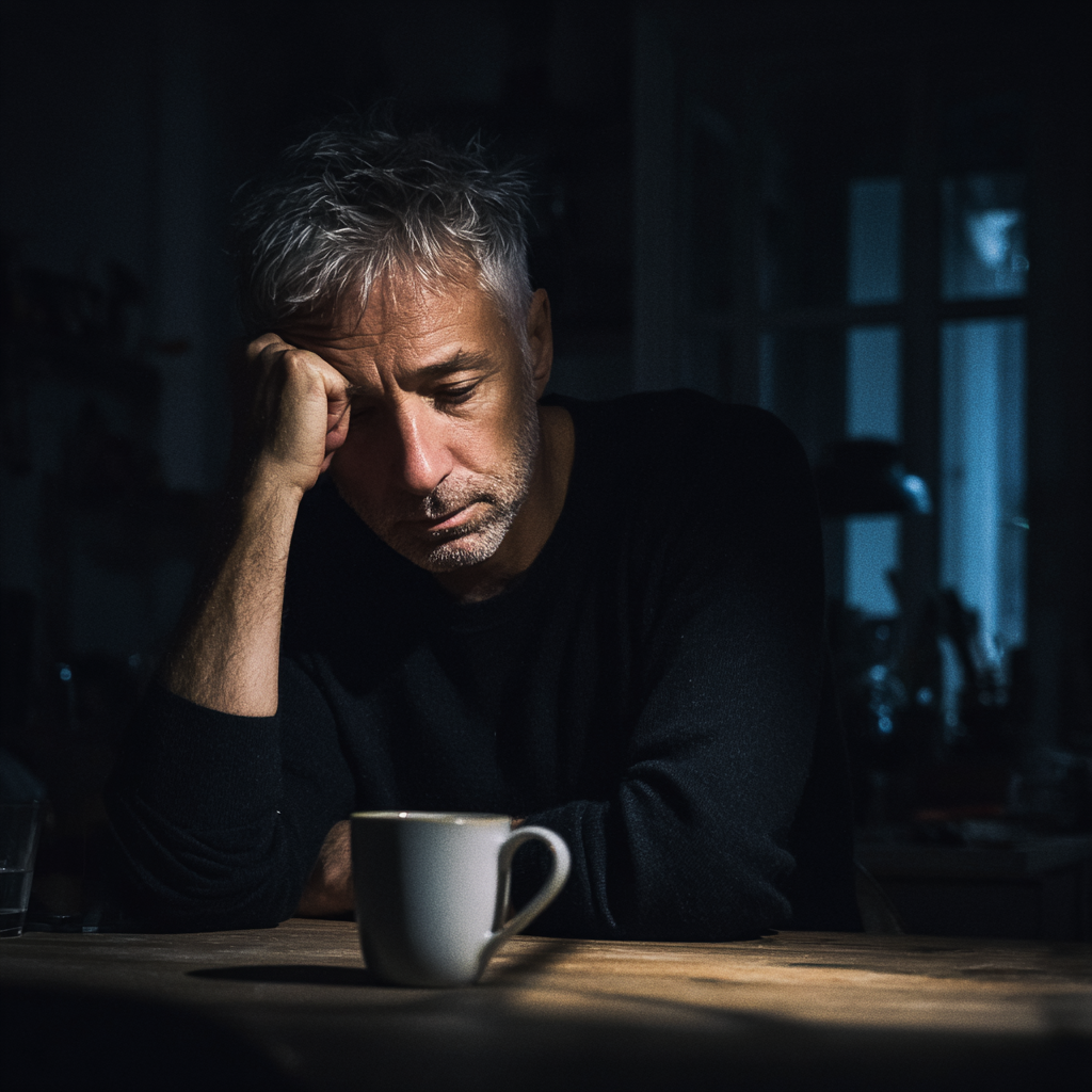 Un homme pensif assis à une table de cuisine la nuit | Source : Midjourney