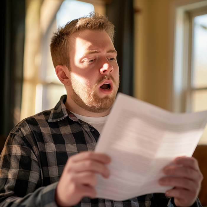 Un homme choqué lisant une lettre | Source : Midjourney