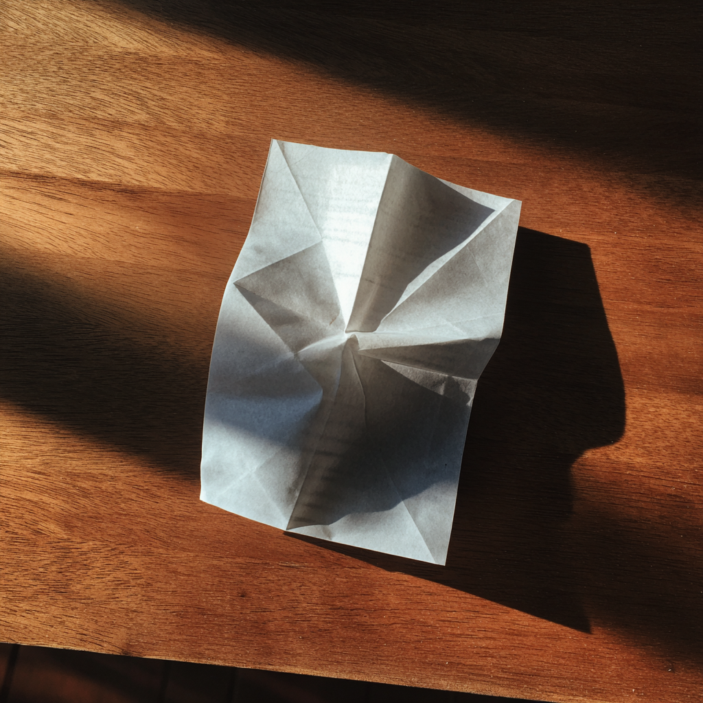 Une feuille de papier pliée sur une table | Source : Midjourney