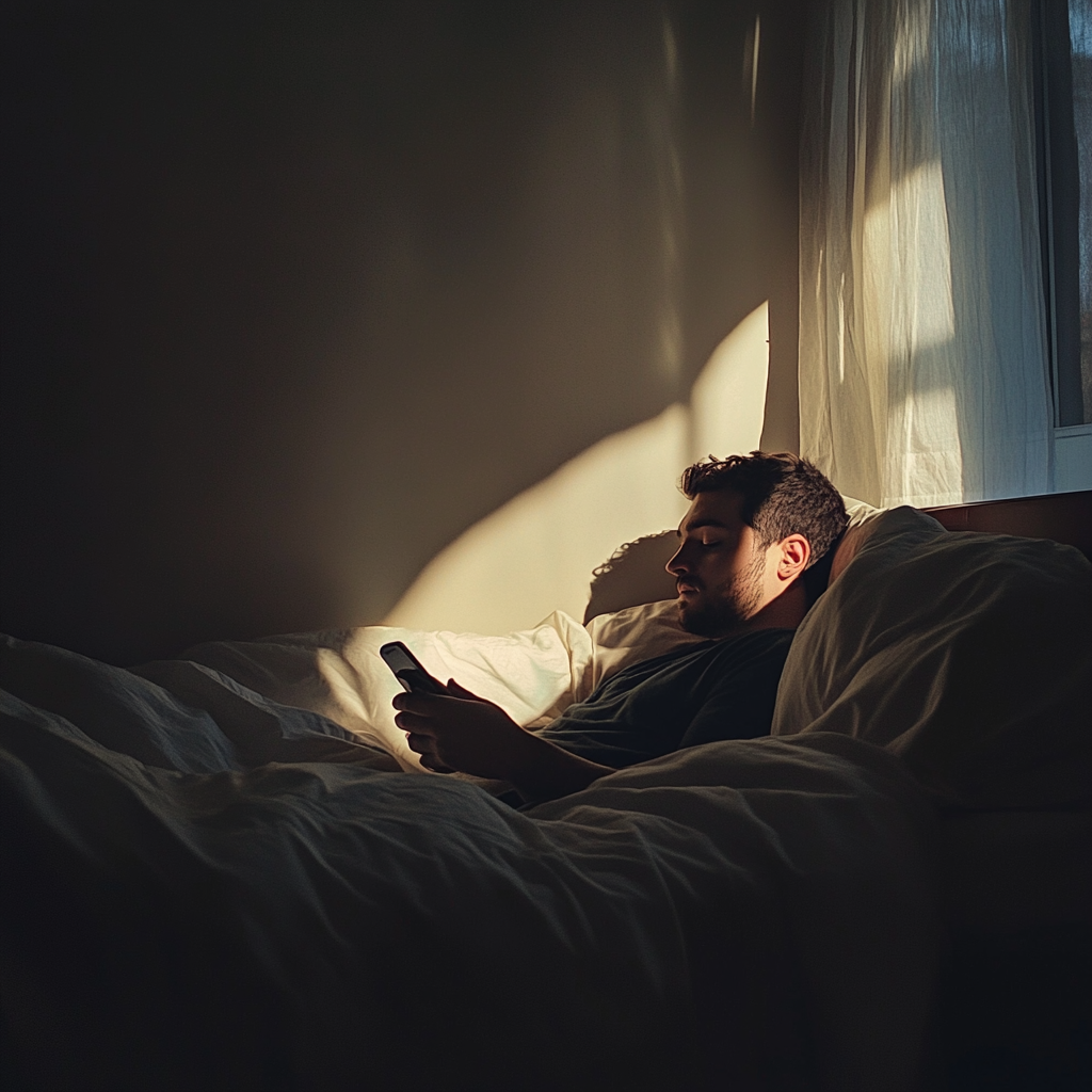 Un homme qui utilise son téléphone alors qu'il est au lit | Source : Midjourney