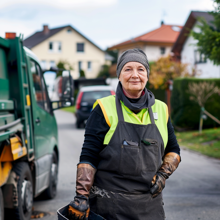 Une vieille éboueuse à côté d'un camion poubelle dans un quartier | Source : Midjourney