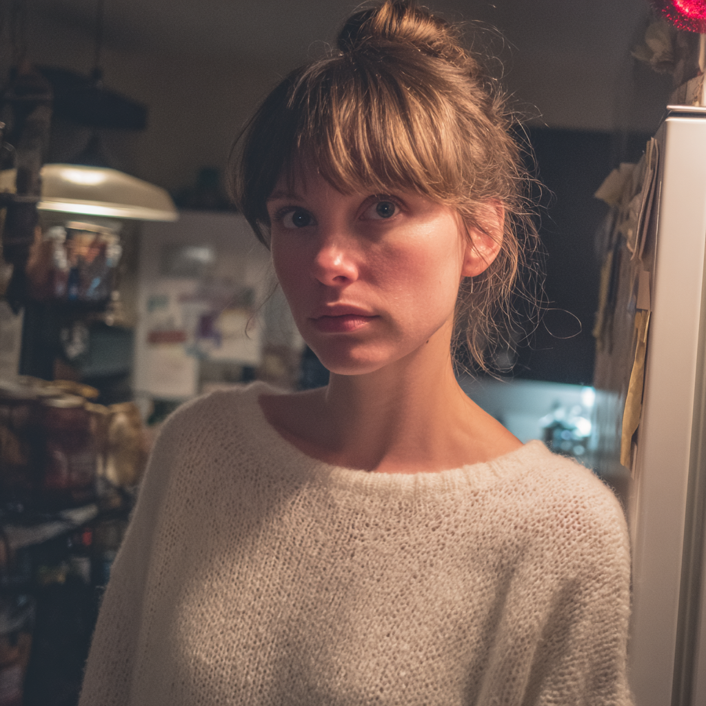 Une femme pensive portant un pull blanc | Source : Midjourney