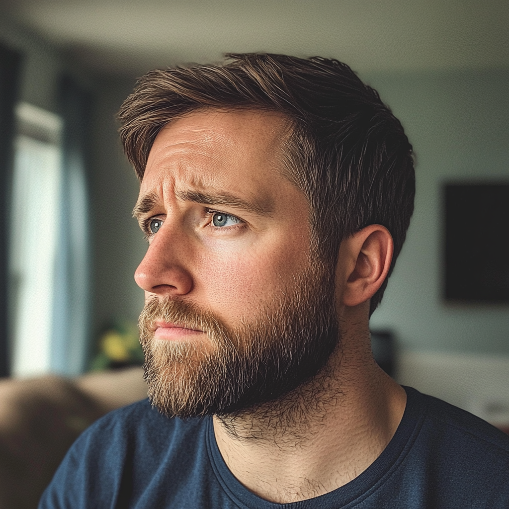 Un homme bouleversé debout dans un salon | Source : Midjourney