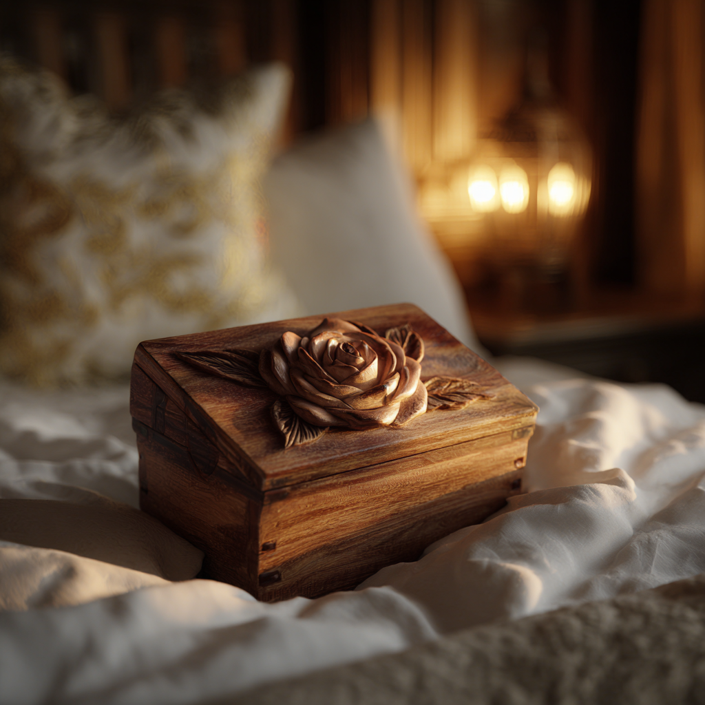 Une boîte en bois sur un lit | Source : Midjourney