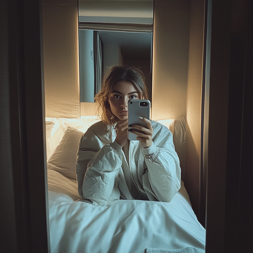 Une jeune femme qui prend un selfie dans une chambre d'hôtel | Source : Midjourney