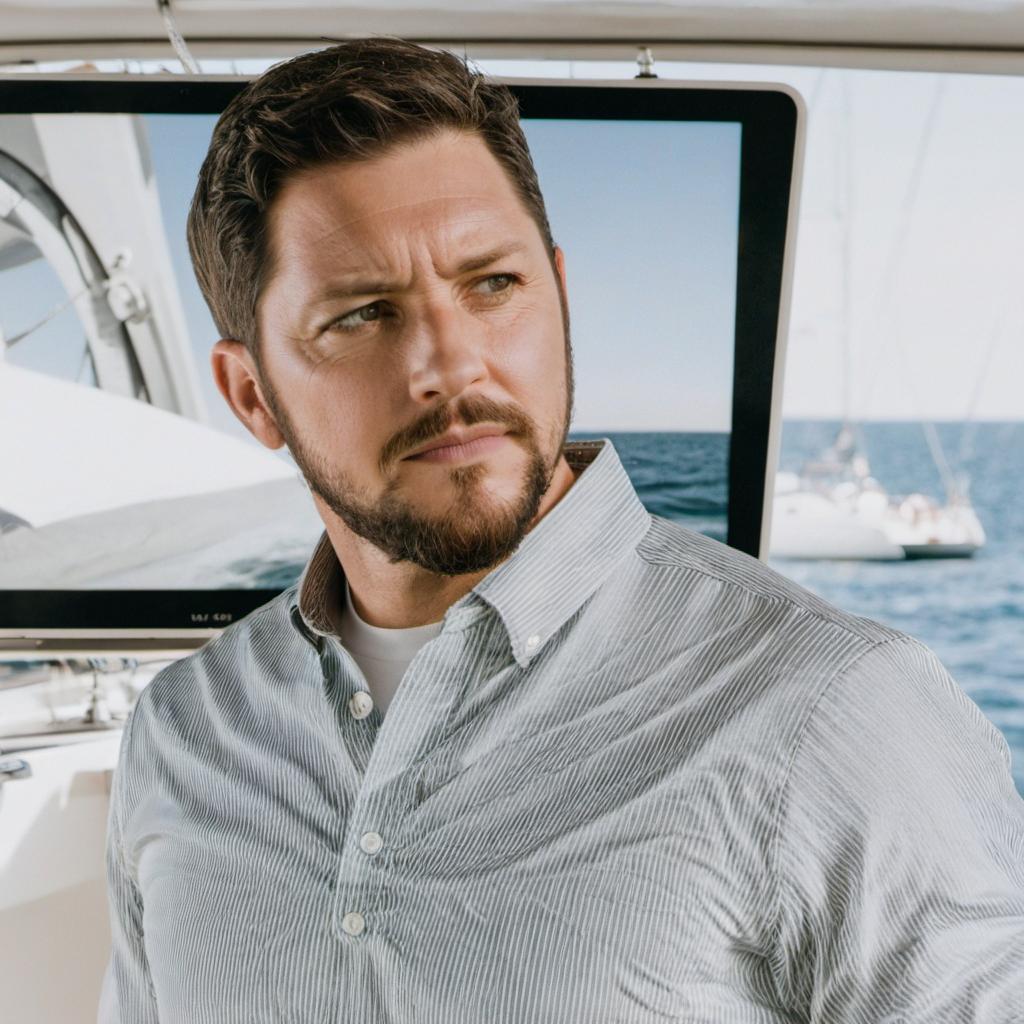 Gros plan d'un homme à l'air sérieux sur un yacht | Source : Midjourney