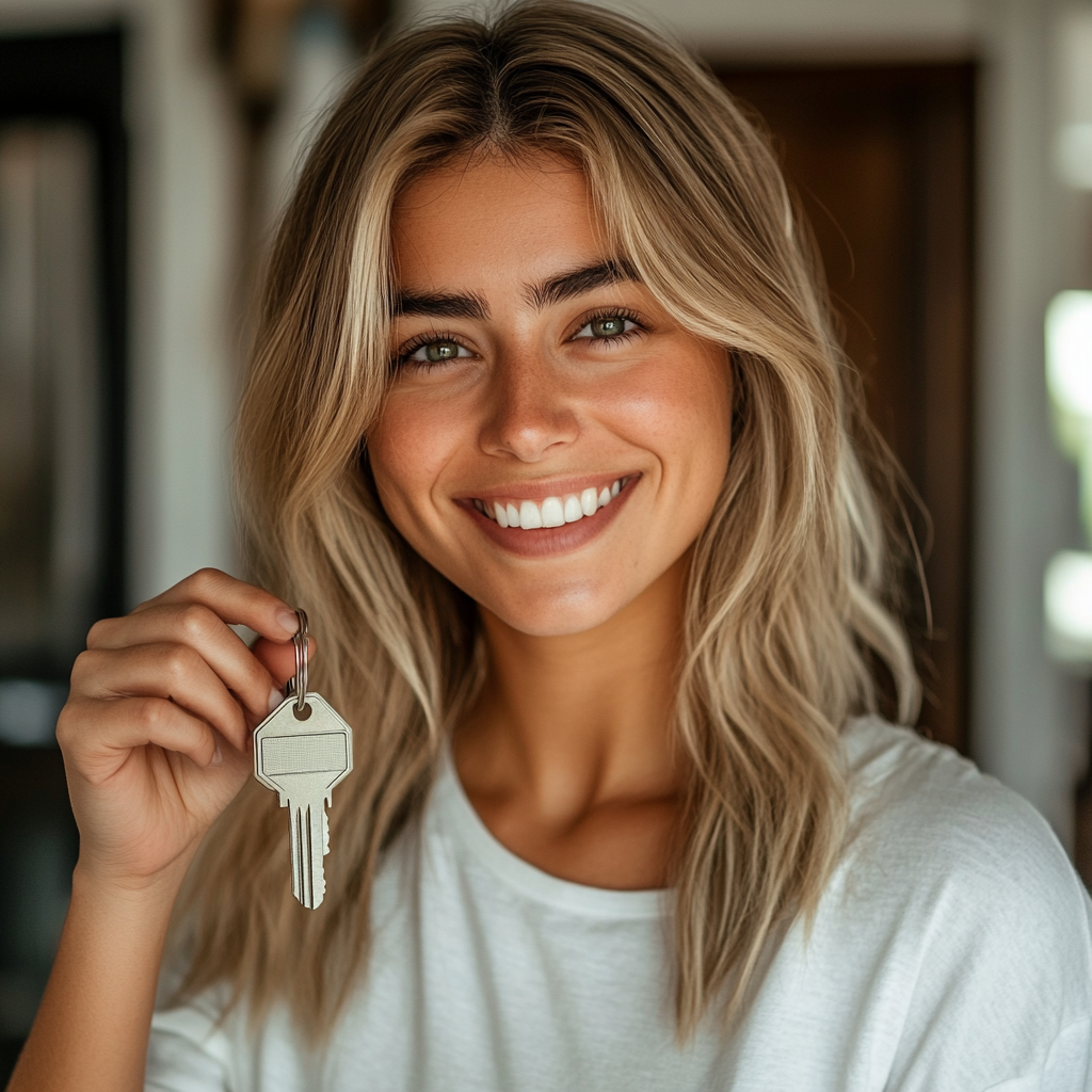 Une jeune femme heureuse tenant les clés de sa maison | Source : Midjourney