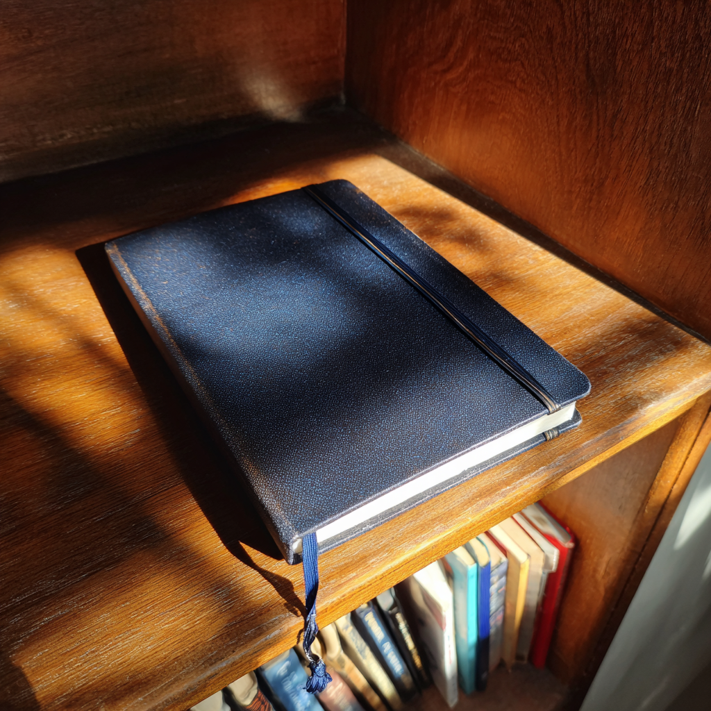 Un cahier bleu marine sur une étagère | Source : Midjourney
