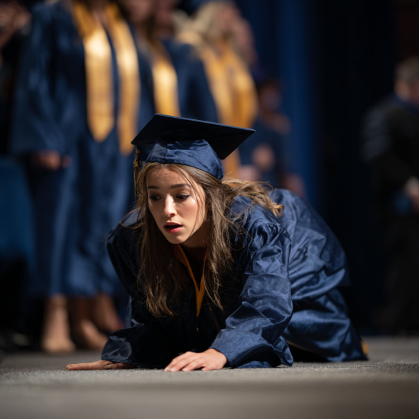 Un diplômé réagit après être tombé | Source : Midjourney