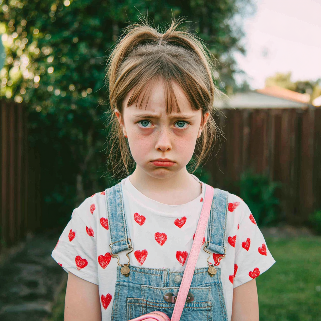 Gros plan sur une petite fille bouleversée dans une arrière-cour | Source : Midjourney
