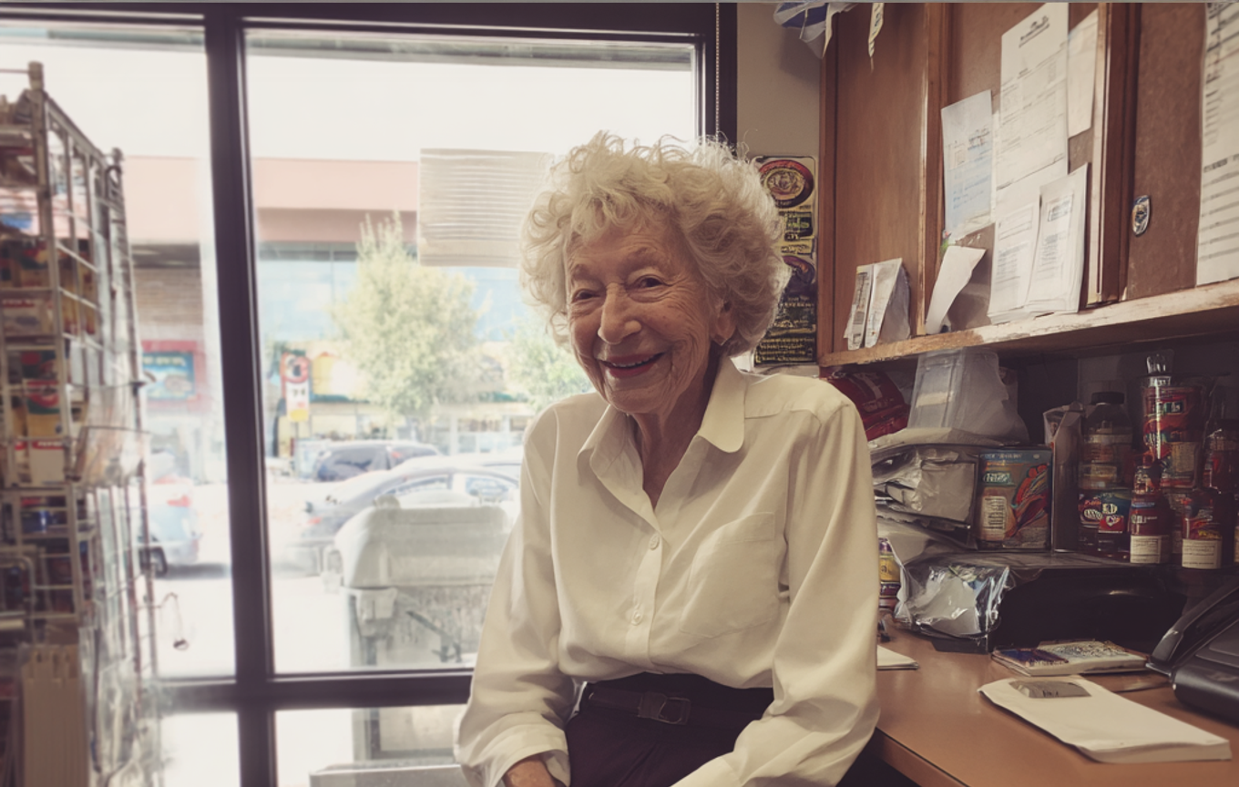 Une vieille femme souriante assise dans un bureau | Source : Midjourney