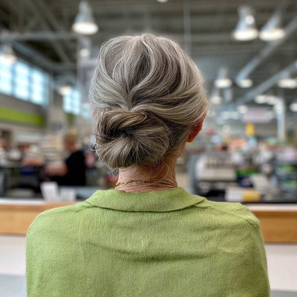 La vue arrière d'une femme âgée qui se tient à une caisse | Source : Midjourney