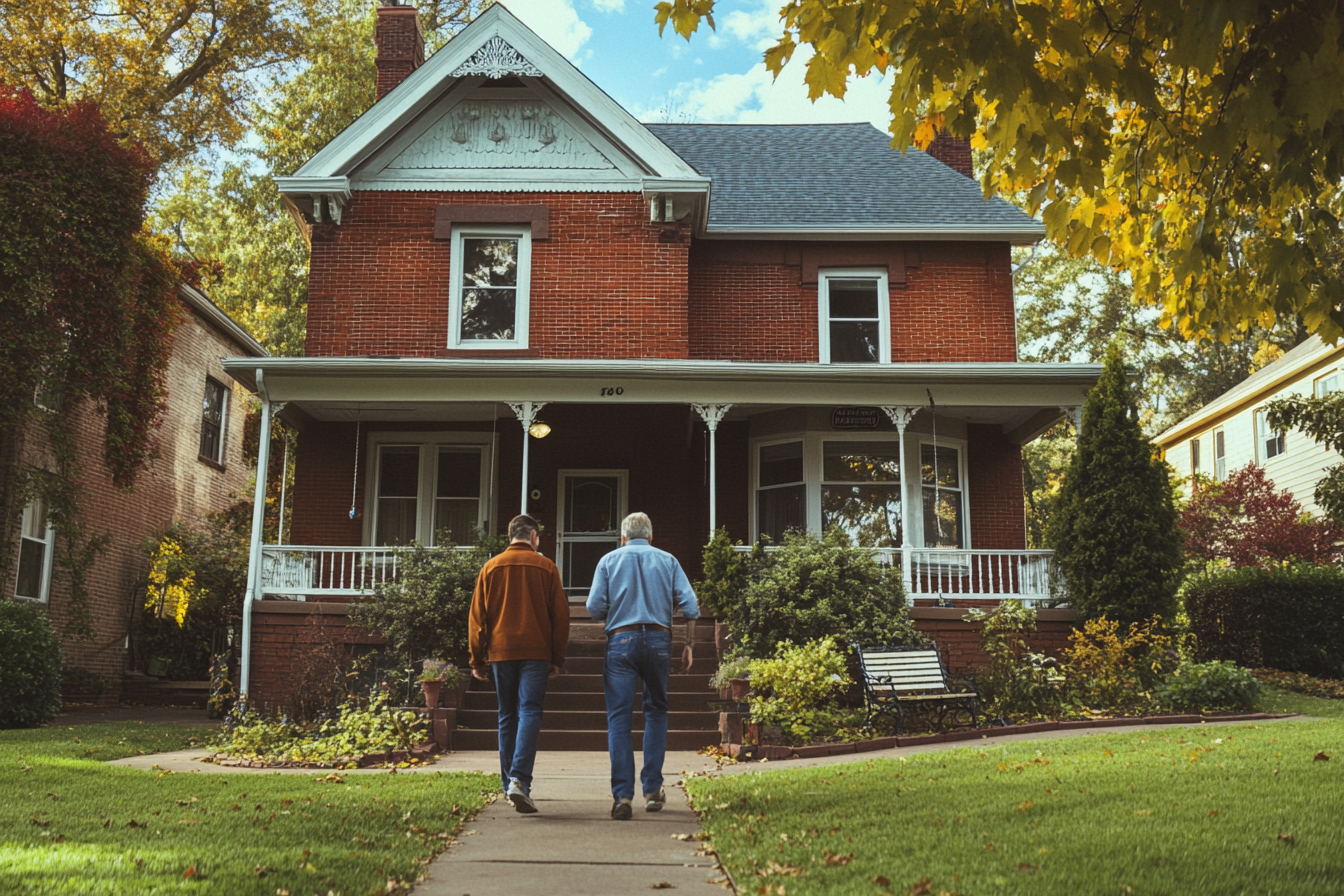 Deux hommes s'approchant de l'entrée d'une maison | Source : Midjourney