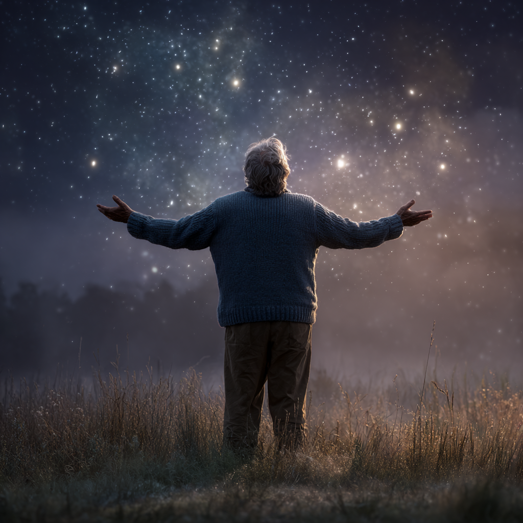 Un homme d'un certain âge qui regarde les étoiles les bras tendus | Source : Midjourney