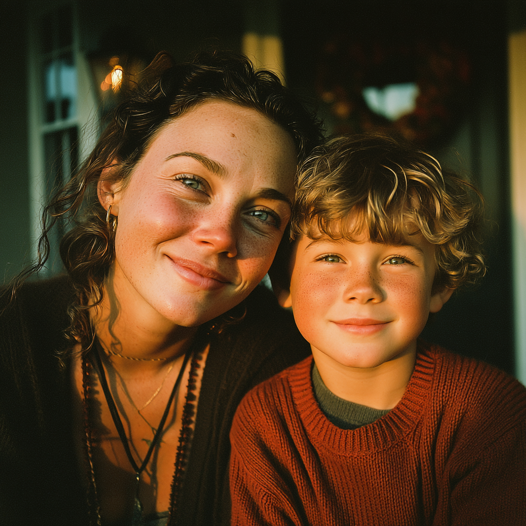 Une mère heureuse assise avec son fils | Source : Midjourney