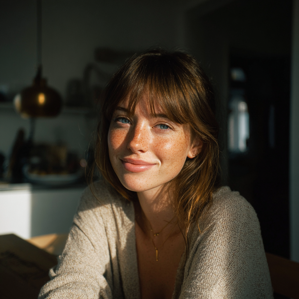 Une femme souriante assise à une table de cuisine | Source : Midjourney