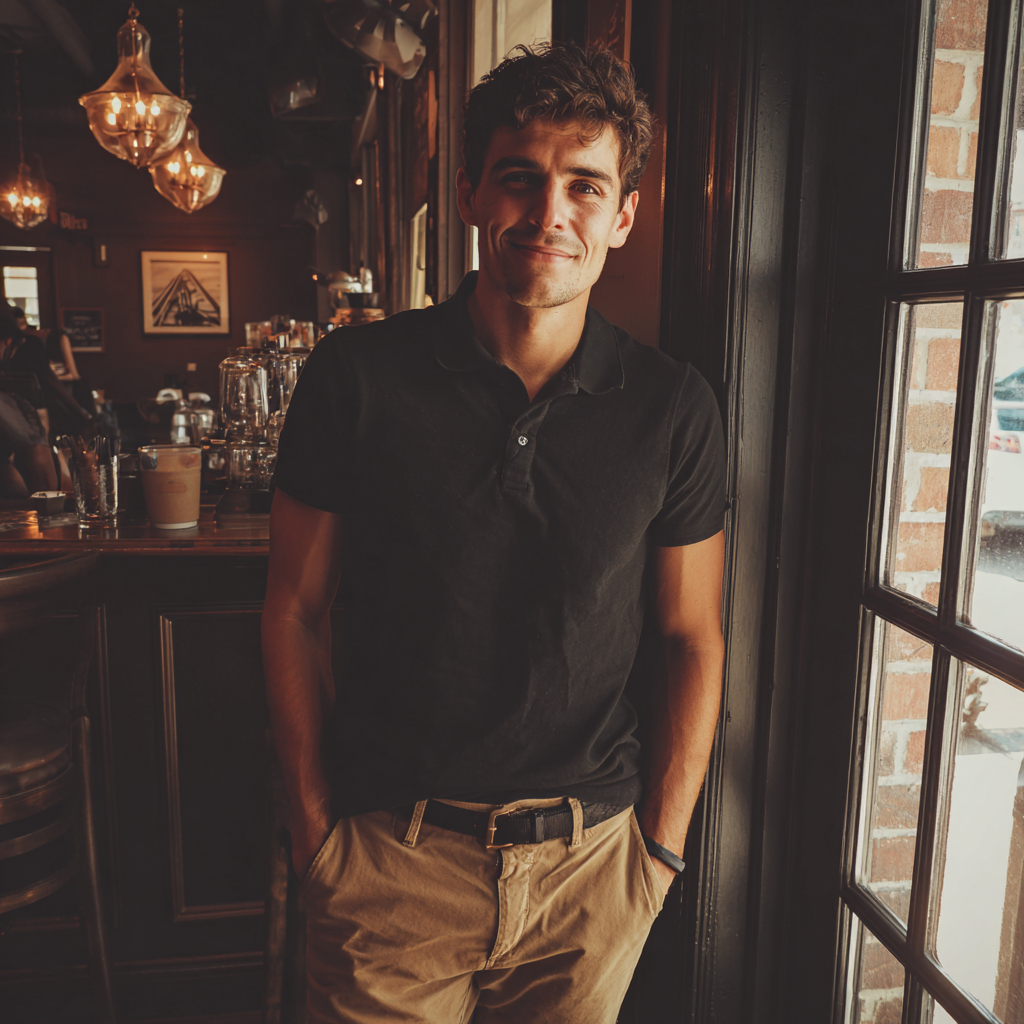 Un homme souriant debout dans un café | Source : Midjourney