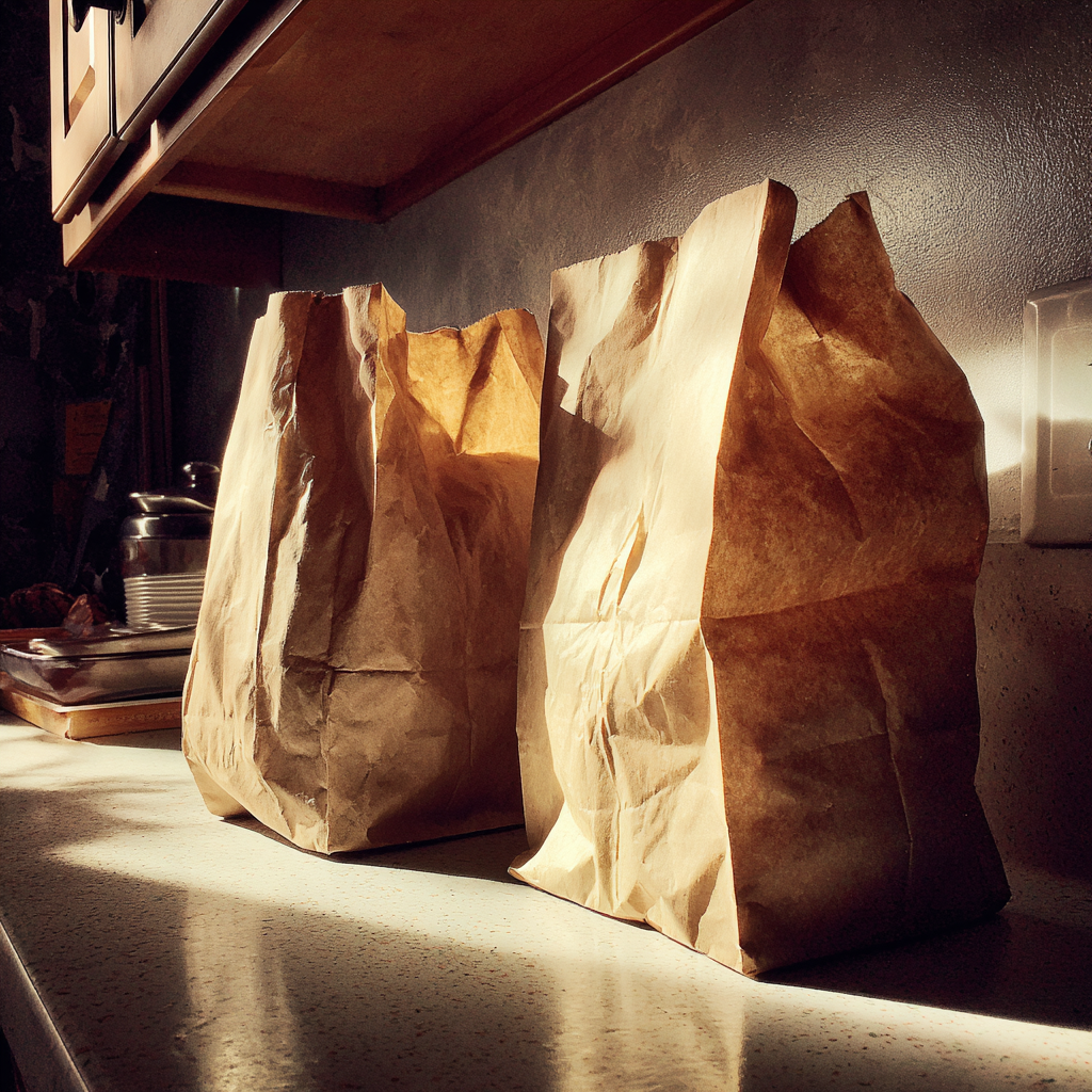 Sacs d'épicerie en papier brun sur un comptoir de cuisine | Source : Midjourney