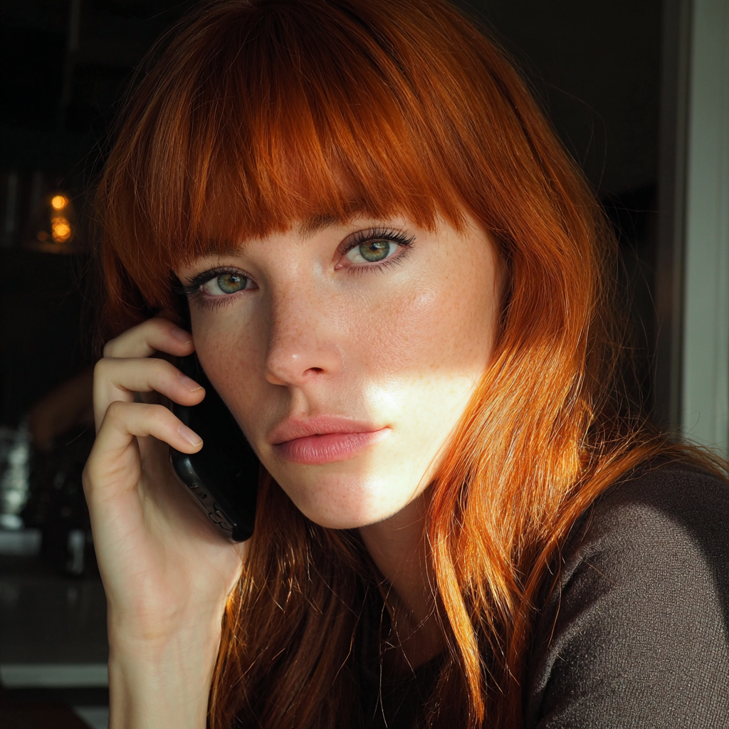 Une femme parlant au téléphone portable avec une frange rousse | Source : Midjourney