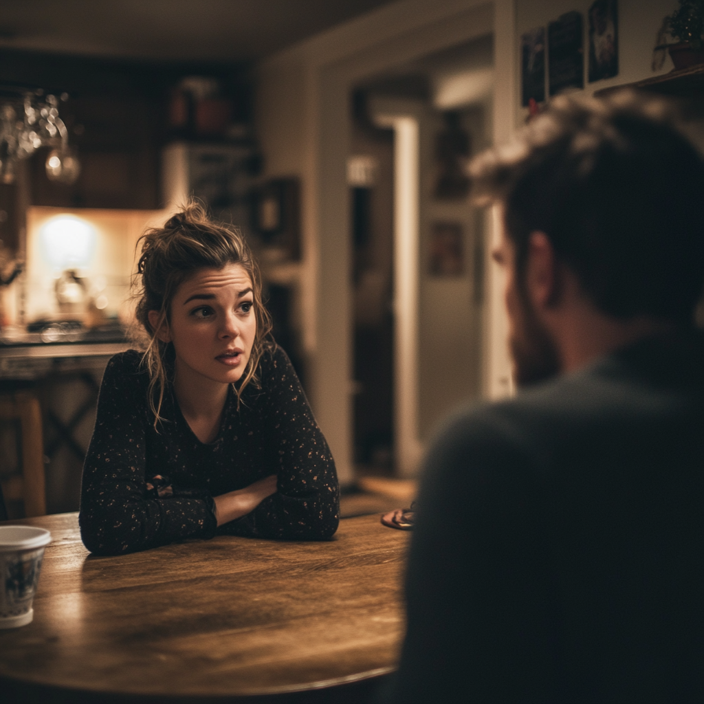 Une femme sérieuse qui parle à son mari | Source : Midjourney