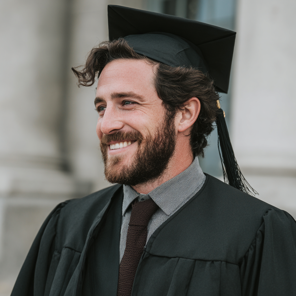 Un homme souriant portant son chapeau et sa toge de fin d'études | Source : Midjourney