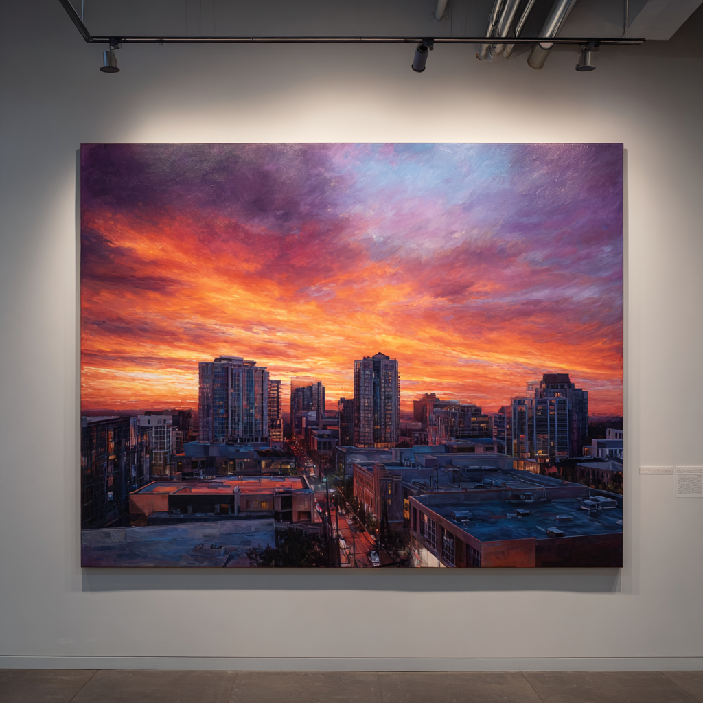 Une peinture de l'horizon de la ville dans une galerie d'art | Source : Midjourney