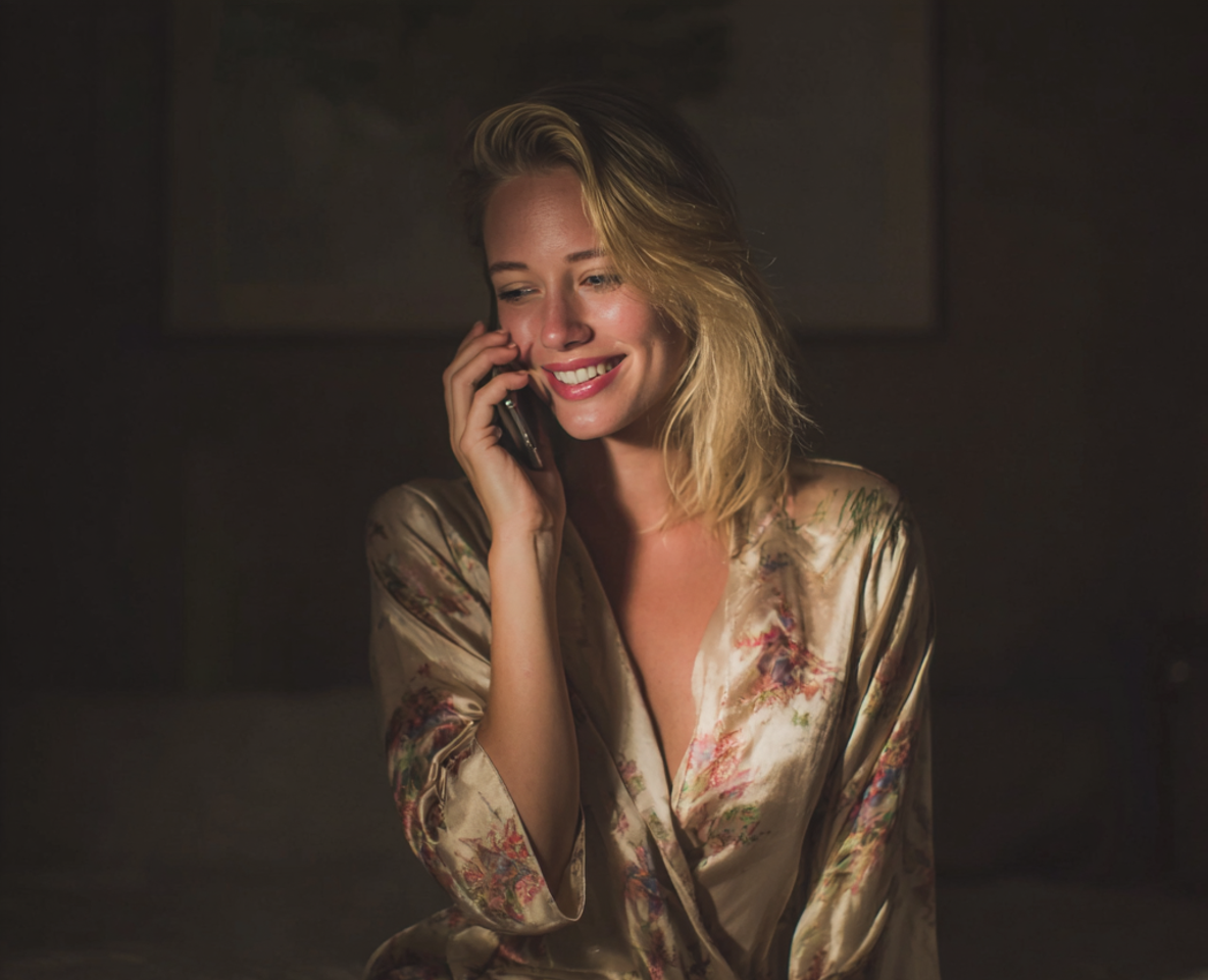 Une femme portant une robe de chambre en soie et parlant au téléphone portable | Source : Midjourney