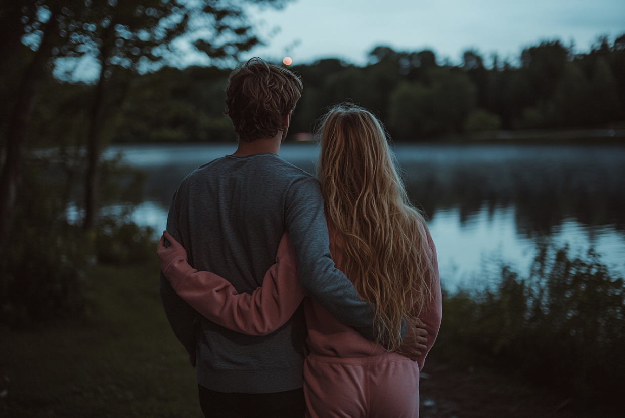Un couple marchant au bord d'un lac | Source : Midjourney