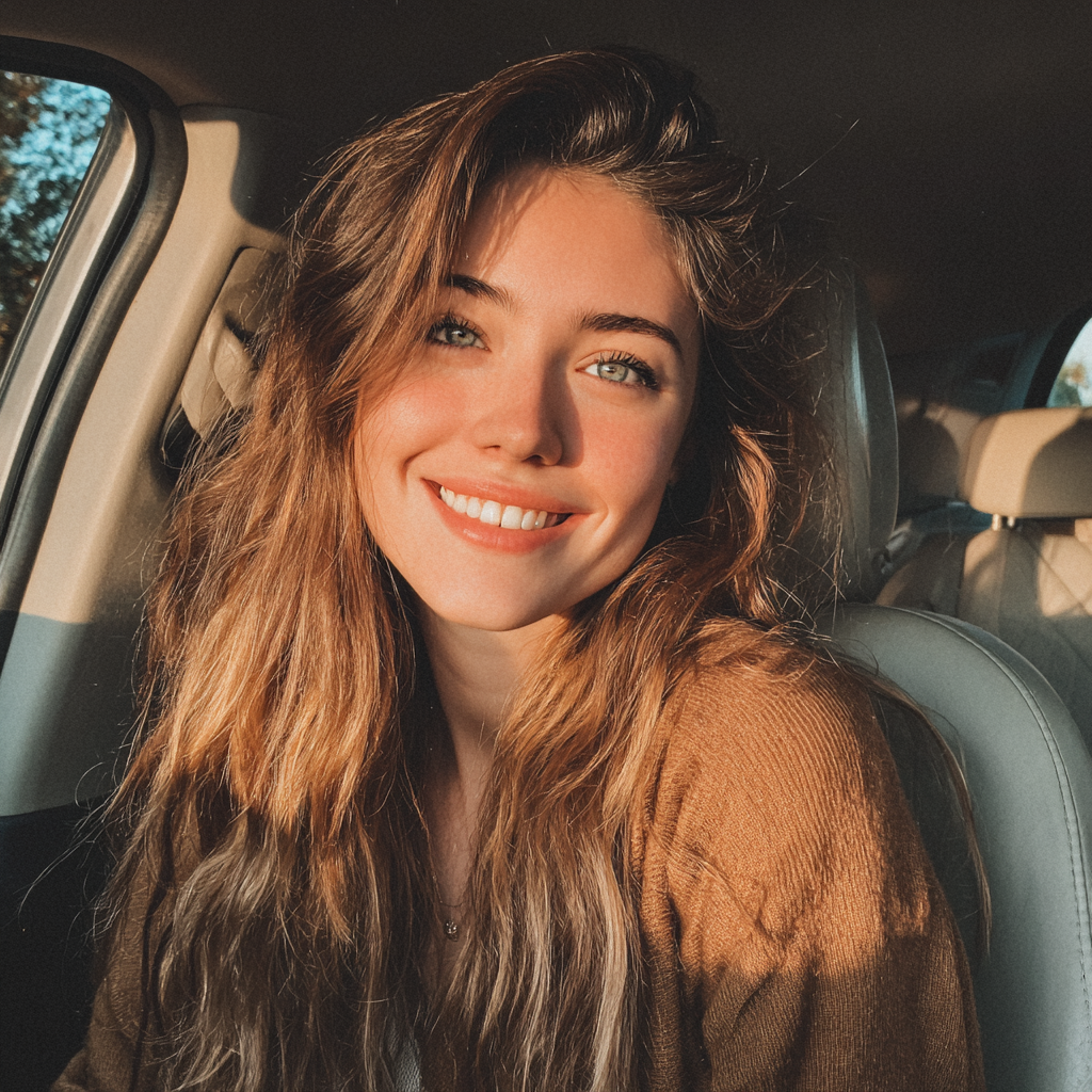 Une jeune femme souriante assise dans une voiture | Source : Midjourney