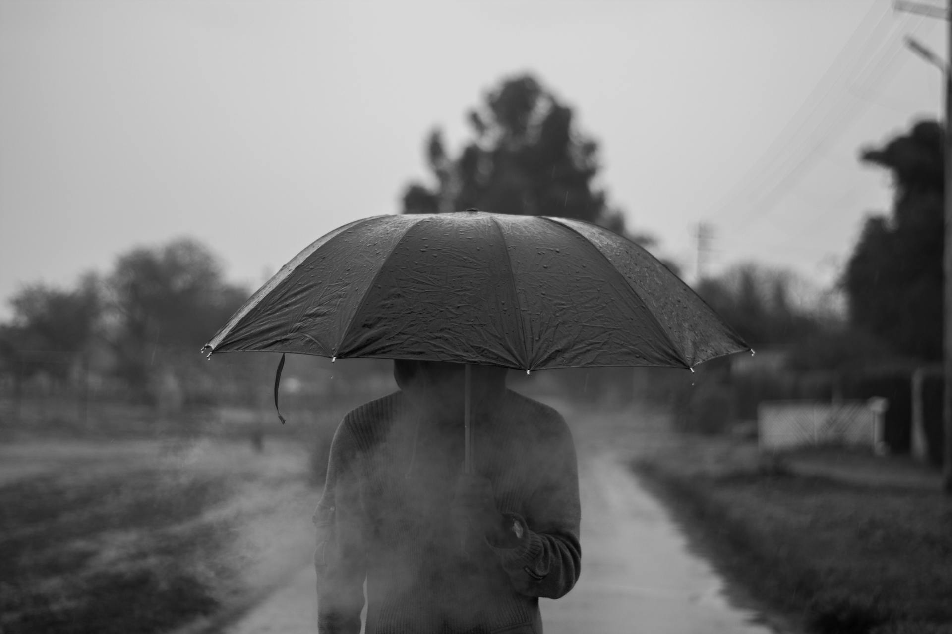 Photo en niveaux de gris d'une personne en sweat à capuche tenant un parapluie | Source : Pexels