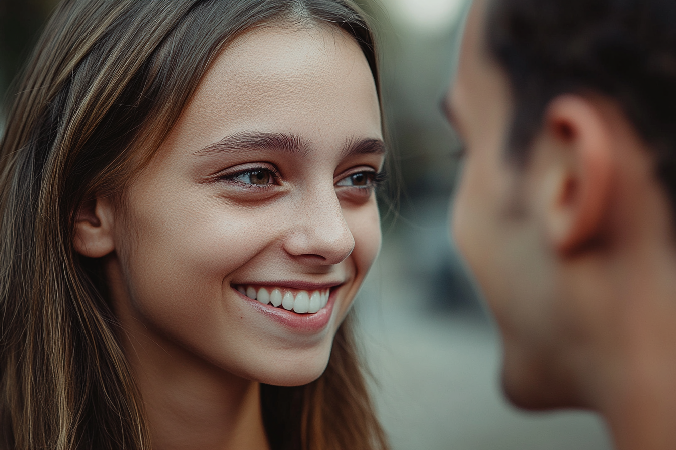 Une femme qui sourit à un homme | Source : Midjourney