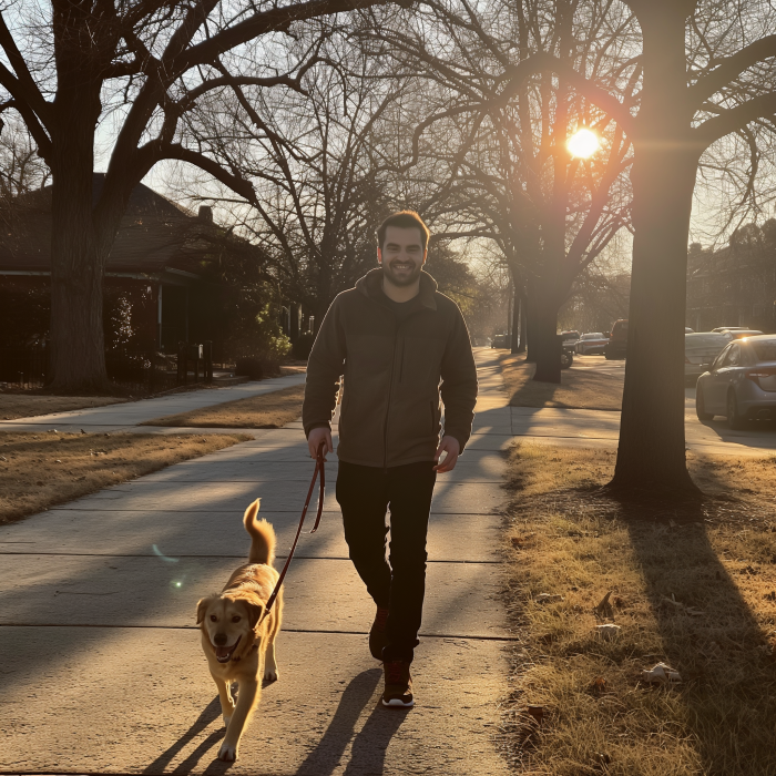 Un homme promenant son chien dans le quartier | Source : Midjourney