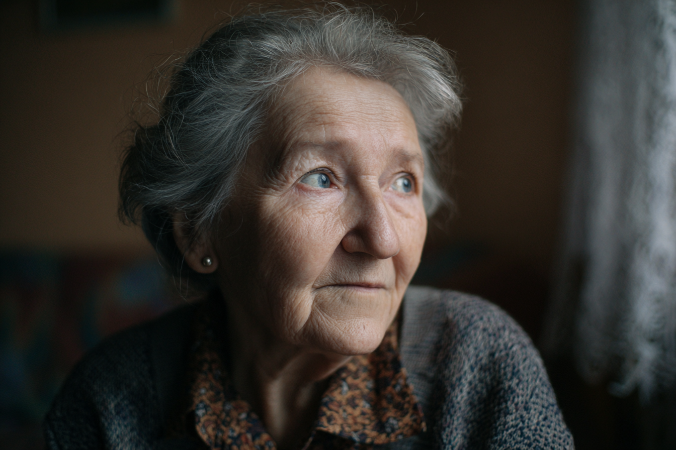 Une femme âgée assise dans sa maison | Source : Midjourney