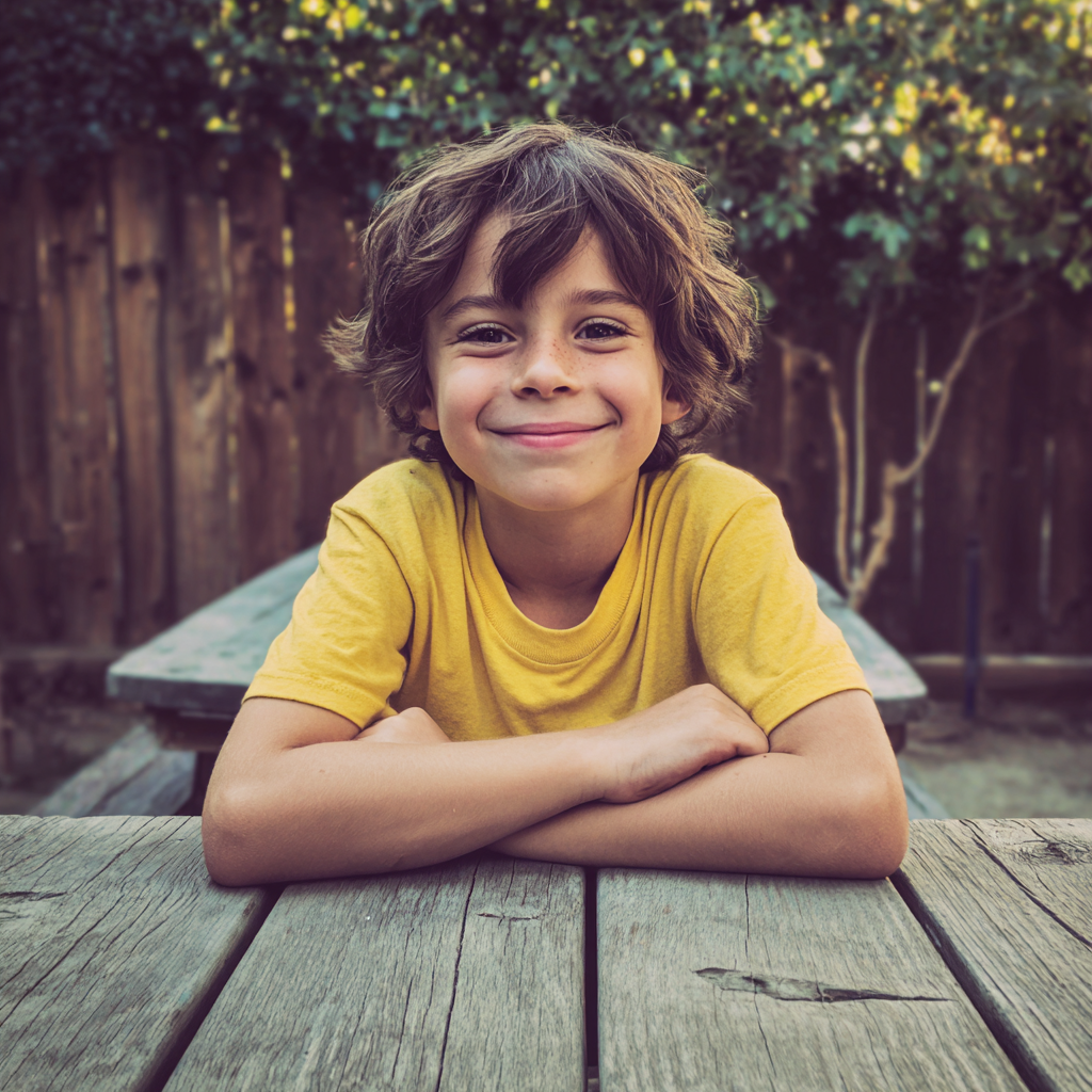 Un garçon souriant assis à une table | Source : Midjourney