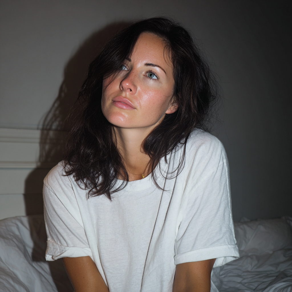 Une femme assise sur un lit | Source : Midjourney