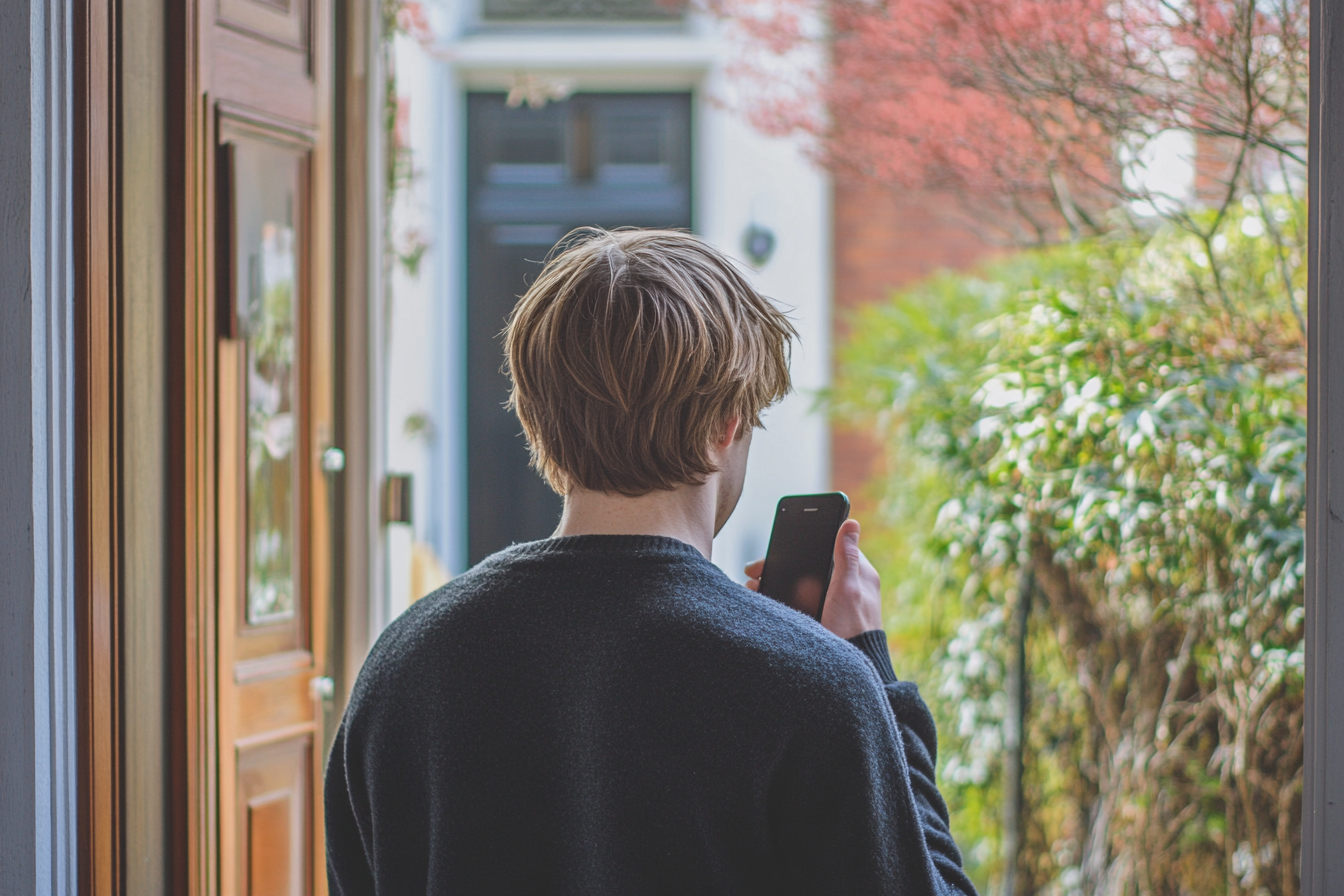 Un homme sortant d'une maison tout en composant un numéro sur son téléphone | Source : Midjourney