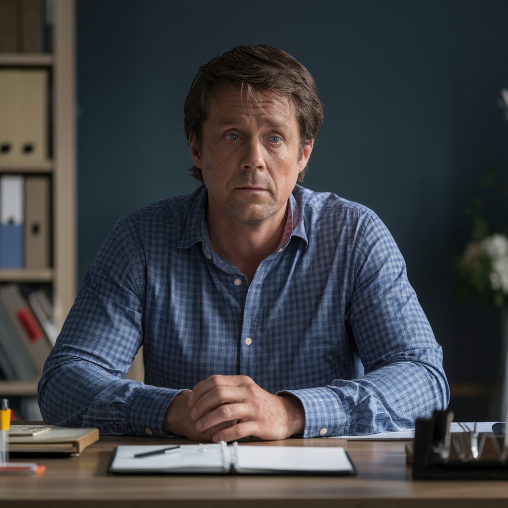 Un homme à l'air triste assis à un bureau à domicile | Source : Midjourney