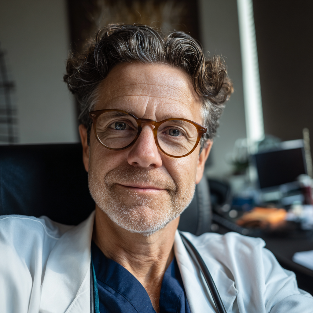 Un médecin souriant assis dans son bureau | Source : Midjourney