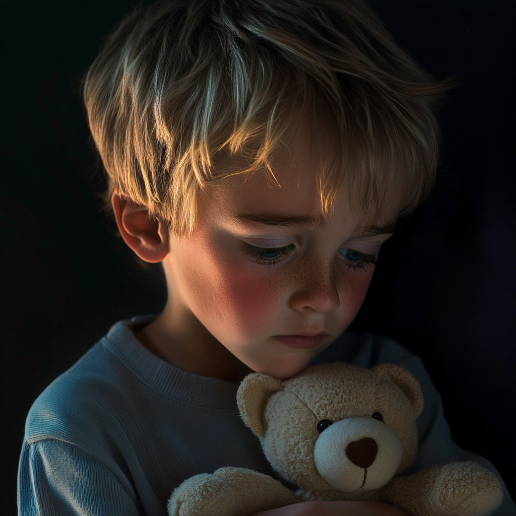 Un petit garçon triste tenant un ours en peluche | Source : Midjourney