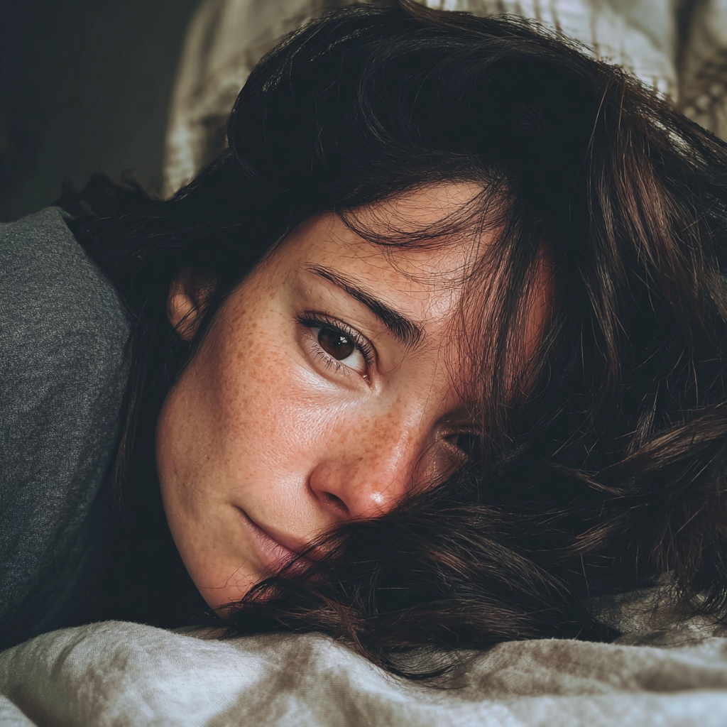 Gros plan d'une femme allongée dans son lit | Source : Midjourney