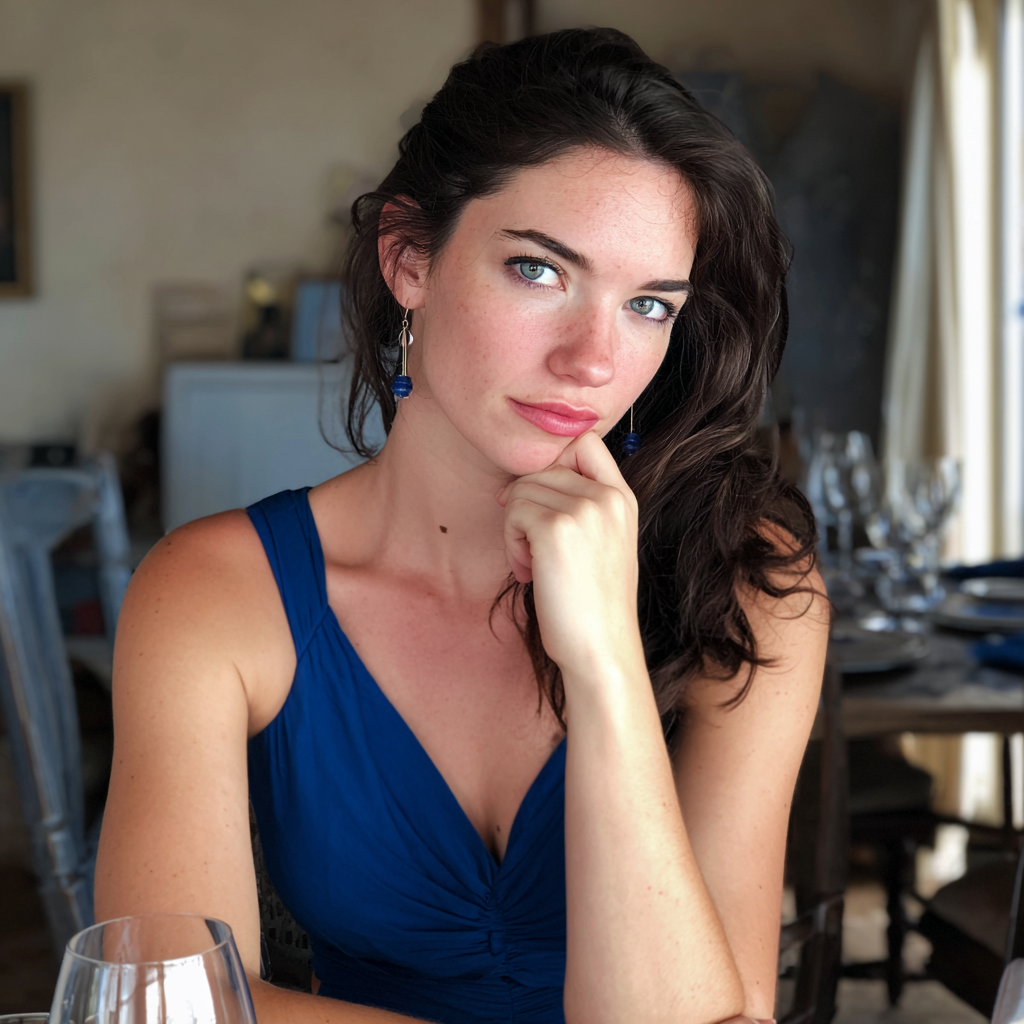 Une femme assise à une table à manger dans une robe bleue | Source : Midjourney