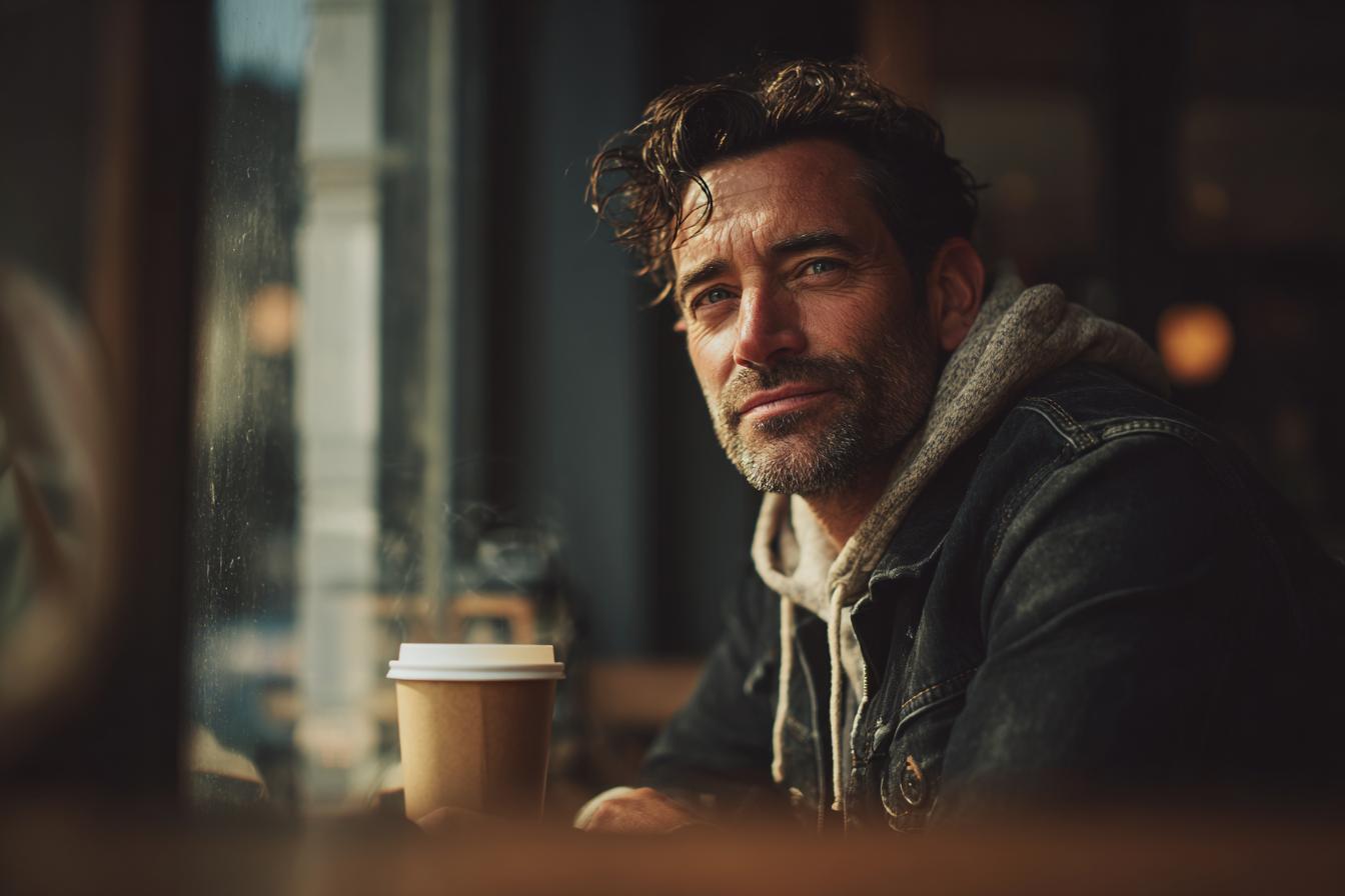 Un homme assis dans un café | Source : Midjourney