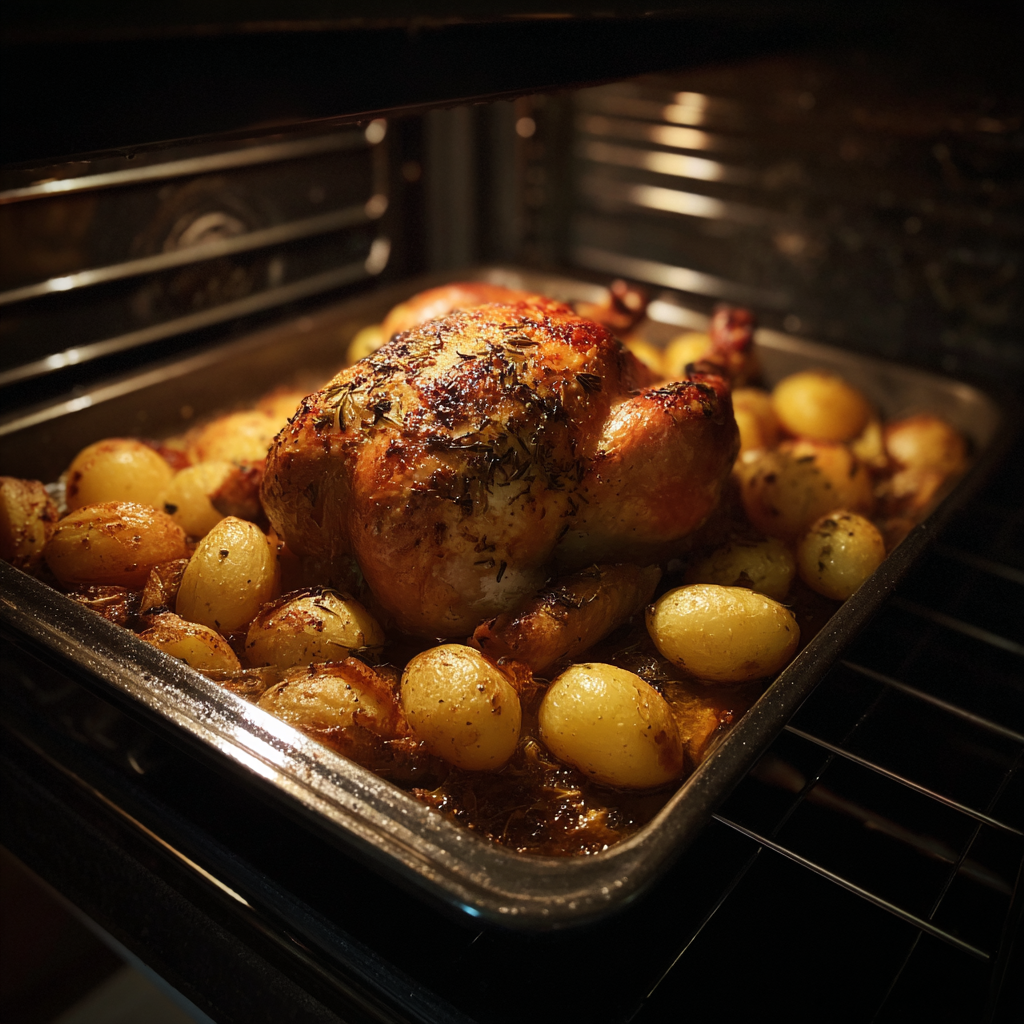 Un poulet rôti et des pommes de terre dans un four | Source : Midjourney