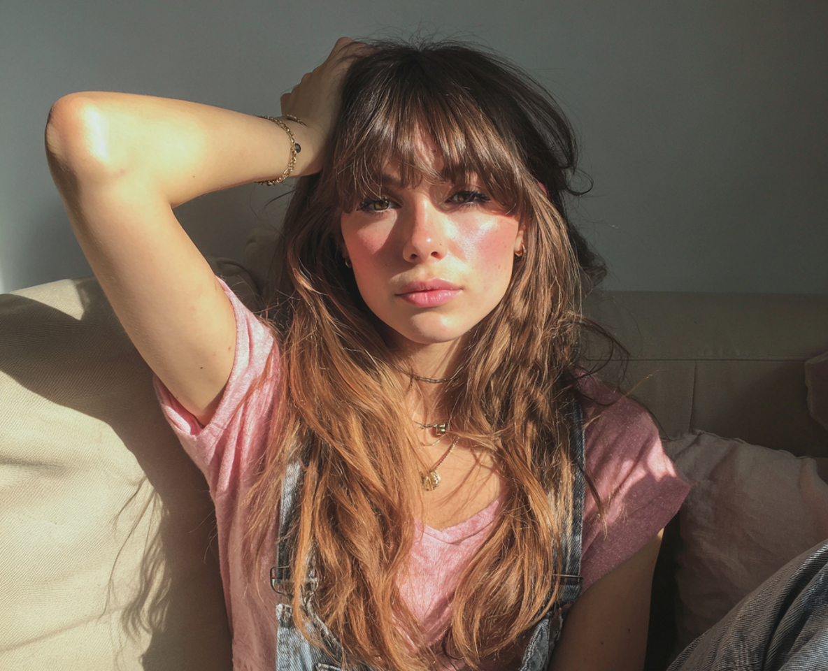 Une femme assise avec sa main sur la tête | Source : Midjourney