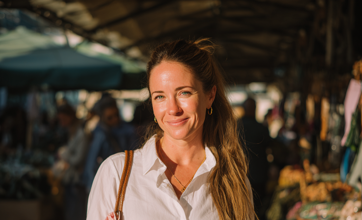 Une femme souriante debout dans un marché aux puces | Source : Midjourney