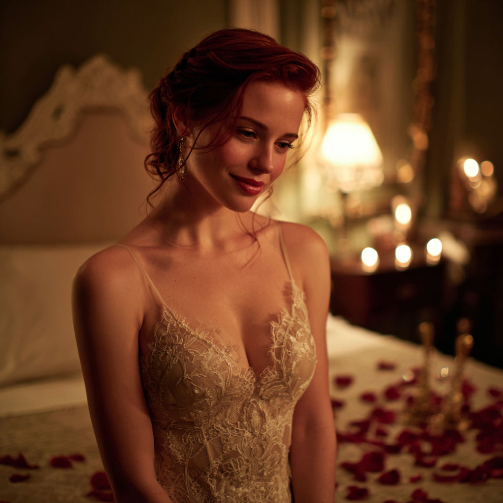 Une mariée souriante debout dans une chambre à coucher | Source : Midjourney