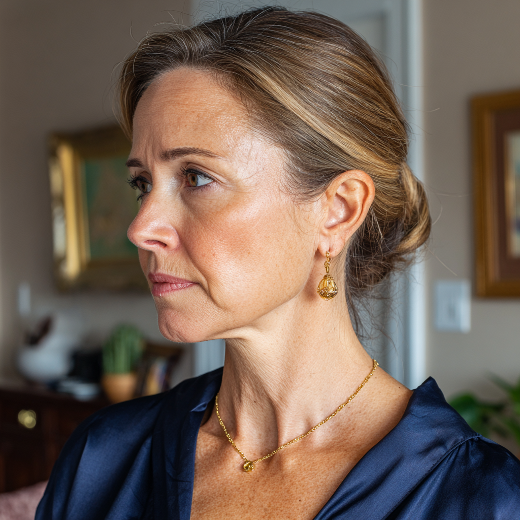 Une femme portant un chemisier bleu marine | Source : Midjourney