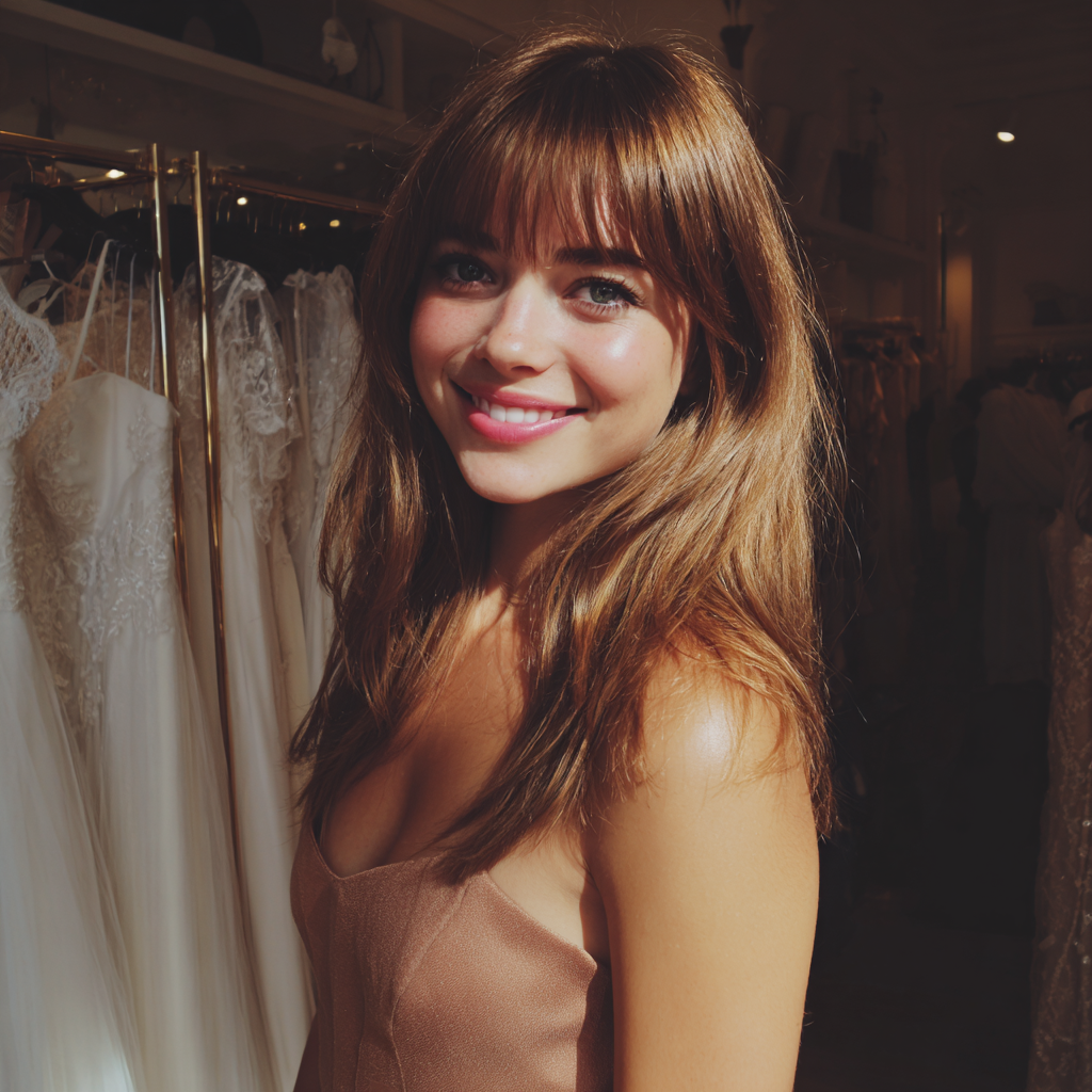 Une jeune femme debout dans une boutique de robes de mariée | Source : Midjourney