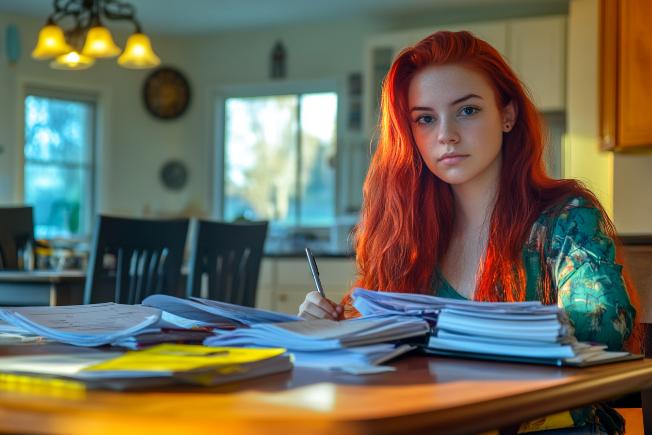 Une femme assise à une table entourée de paperasse | Source : Midjourney